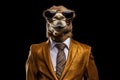 Happy Camel In Suit And Sunglasses On Black Background. Generative AI