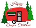 Happy Camper Christmas Red Vitage RV Camper Surrounded by Christmas Trees