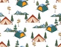 Happy Camper in forest. with animal and Equipment Weekend, vacation on nature. Seamless pattern Vector illustration Royalty Free Stock Photo