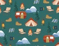 Happy Camper in forest. with animal and Equipment Weekend, vacation on nature. Seamless pattern Vector illustration Royalty Free Stock Photo