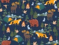 Happy Camper in forest. with animal and Equipment Weekend, vacation on nature. Seamless pattern Vector illustration Royalty Free Stock Photo