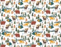 Happy Camper in forest. with animal and Equipment Weekend, vacation on nature. Seamless pattern Vector illustration Royalty Free Stock Photo