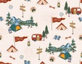 Happy Camper in forest. with animal and Equipment Weekend, vacation on nature. Seamless pattern Vector illustration Royalty Free Stock Photo