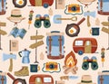 Happy Camper in forest. Equipment Weekend, vacation on nature. Seamless pattern Vector illustration Royalty Free Stock Photo