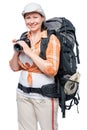 Happy camper in a hike with a backpack and a camera