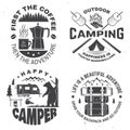 Happy camper. Vector. Concept for shirt or logo, print, stamp. Vintage design with lantern, camping tent, campfire Royalty Free Stock Photo