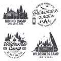 Happy camper. Vector. Concept for shirt or logo, print, stamp. Vintage design with lantern, pocket knife, campin tent Royalty Free Stock Photo