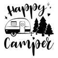 Happy Camper vector download.  Mobile recreation. Happy Camper trailer in sketch silhouette style. Royalty Free Stock Photo