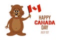 Happy Canada Day. Cute funny beaver character with Canada flag. Greeting card, poster, banner. Illustration vector Royalty Free Stock Photo