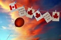 Happy Canada Day. Holiday greeting cards with Canadian flag and maple leaves carved love hearts. Festive red balloon flies