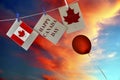 Happy Canada Day. Holiday greeting cards with Canadian flag and maple leaves carved love hearts. Festive red balloon flies