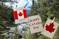 Happy Canada Day. Holiday greeting cards with Maple leaf and Canadian flag.