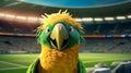 Happy Canary Mascot Supporting Soccer Team In Front Of Cinematic Stadium