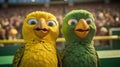 Happy Canary Mascot Supporting Soccer Team In Front Of Stadium