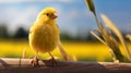 Happy Canary Poses On Farm Fence Post With Lush Corn Field