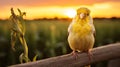 Happy Canary Poses On Farm Fence Post In Lush Corn Field