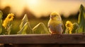 Happy Canary Poses On Farm Fence Post With Lush Corn Field