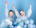 Happy and carefree. Little girls celebrating birthday. Small children having birthday party. Happy kids enjoy birthday Royalty Free Stock Photo