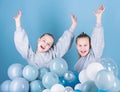 Happy and carefree. Little girls celebrating birthday. Small children having birthday party. Happy kids enjoy birthday Royalty Free Stock Photo