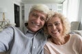 Happy carefree retired grey haired couple taking selfie at home Royalty Free Stock Photo