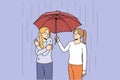 Caring woman share umbrella with friend