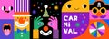 Happy Carnival, colorful geometric background with splashes, speech bubbles, masks and confetti