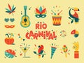 Happy Carnival, colorful geometric design. Rio Carnival set in retro style with mask, garland, toucan, drum, guitar, cocktail