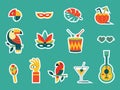 Happy Carnival, colorful geometric stickers. Rio Carnival set in retro style with mask, garland, toucan, drum, guitar, cocktail