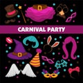 Happy carnival promotional poster with bright costume elements isolated cartoon flat vector illustrations