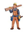 Happy carpenter, builder holding wooden plank. Vector illustration, isolated on white background.