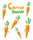 Happy Carrot Cartoon Character set . Funny carrot with many expressions with text Carrot Summer