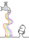 Happy Carton man watching a Tap with Rainbow Water Flow