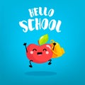 Happy cartoon apple schoolboy with backpack on blue background. Back to school card. Vector Royalty Free Stock Photo