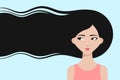 Happy cartoon asian girl with long flowing hair