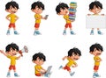 Happy cartoon asian kid in different activities.