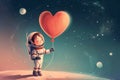 happy Cartoon astronaut girl with a balloon in the shape of a heart Royalty Free Stock Photo