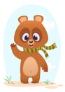 Happy cartoon bear in a scarf waving hand. Vector illustration. Royalty Free Stock Photo