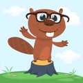 Happy cartoon beaver wearing eyeglasses. Brown beaver character. Vector illustration