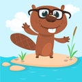 Happy cartoon beaver wearing eyeglasses. Brown beaver character. Vector illustration isolated on simple nature background.