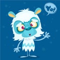 Happy cartoon bigfoot with speech bubble. Halloween vector yeti character with white fur and horns on blue background
