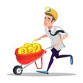 Happy Cartoon Bitcoin Miner with Pushcart Full of Golden Coins. Cryptocurrency Mining Technology Royalty Free Stock Photo