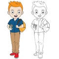 Happy cartoon boy go back to school. outline in separated layer for easy coloring