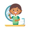 Happy Cartoon Boy Brushing Teeth in Bathroom with Mirror Royalty Free Stock Photo