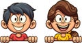 Happy cartoon boy and girl peeking out. Royalty Free Stock Photo