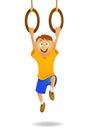 Happy cartoon boy hanging on gymnastic rings