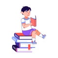 Happy cartoon boy reading a book sitting on tall stack of books Royalty Free Stock Photo