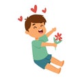 Happy cartoon boy sitting holds flower with hearts. Kid showing love with a cheerful expression. Joyful child with plant