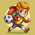 A happy cartoon boy with a soccer ball and backpac Royalty Free Stock Photo