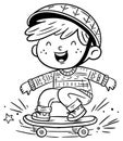 Happy cartoon boy to skateboard. Isolated outline vector illustration. Coloring book page Royalty Free Stock Photo