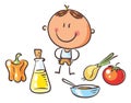 Happy cartoon boy with vegetable, cook preparing health eating